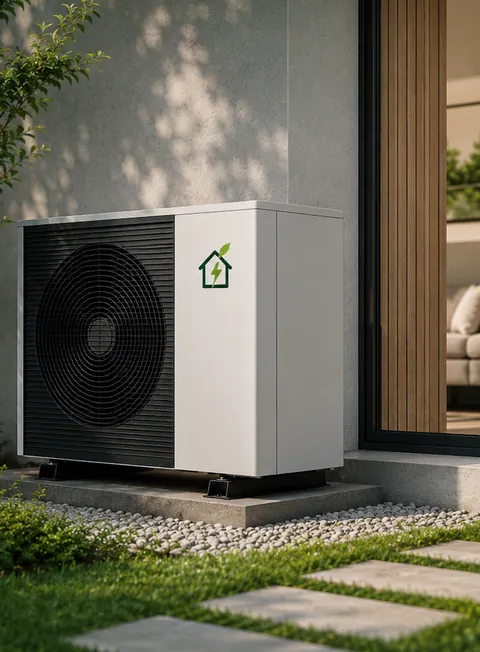 Buitenunit van een warmtepomp tegen een gevel met gras en grind, productrender